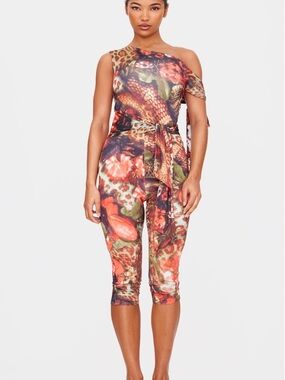 One-Shoulder Floral & Animal Print Jumpsuit in Multi